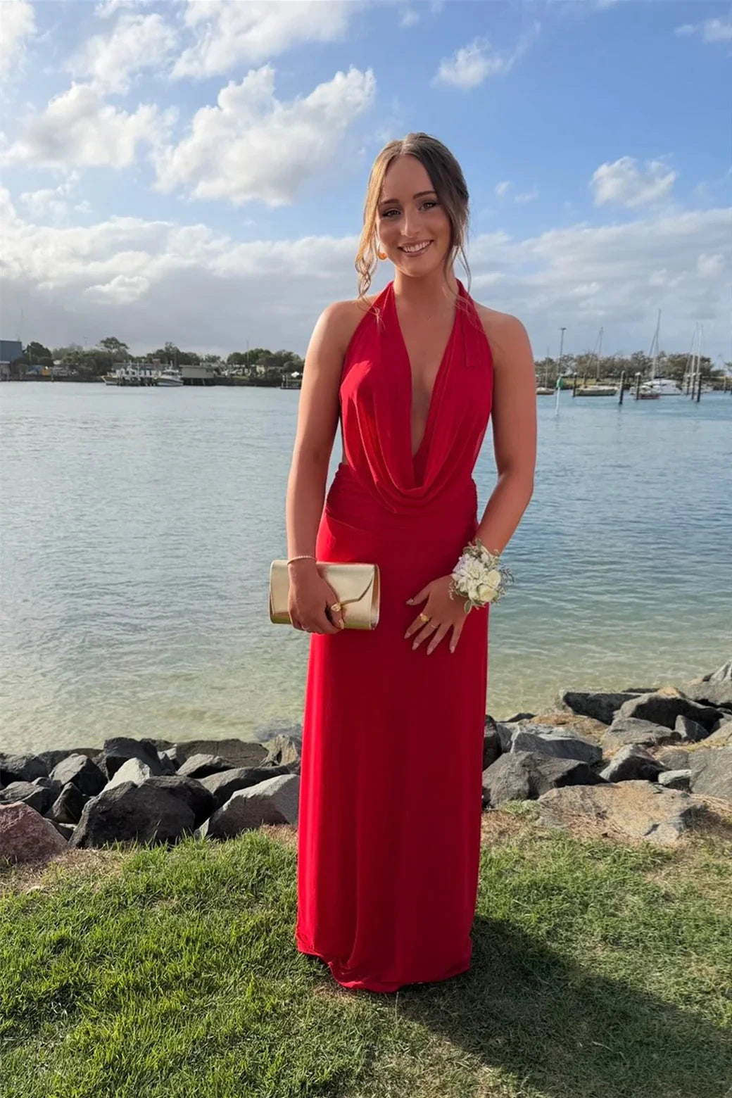 Bold Red Halter Prom Dresses with Cowl Neckline, Ruched Bodice and Floor-Length Jersey Skirt Formal Gown by JiMiss Dresses