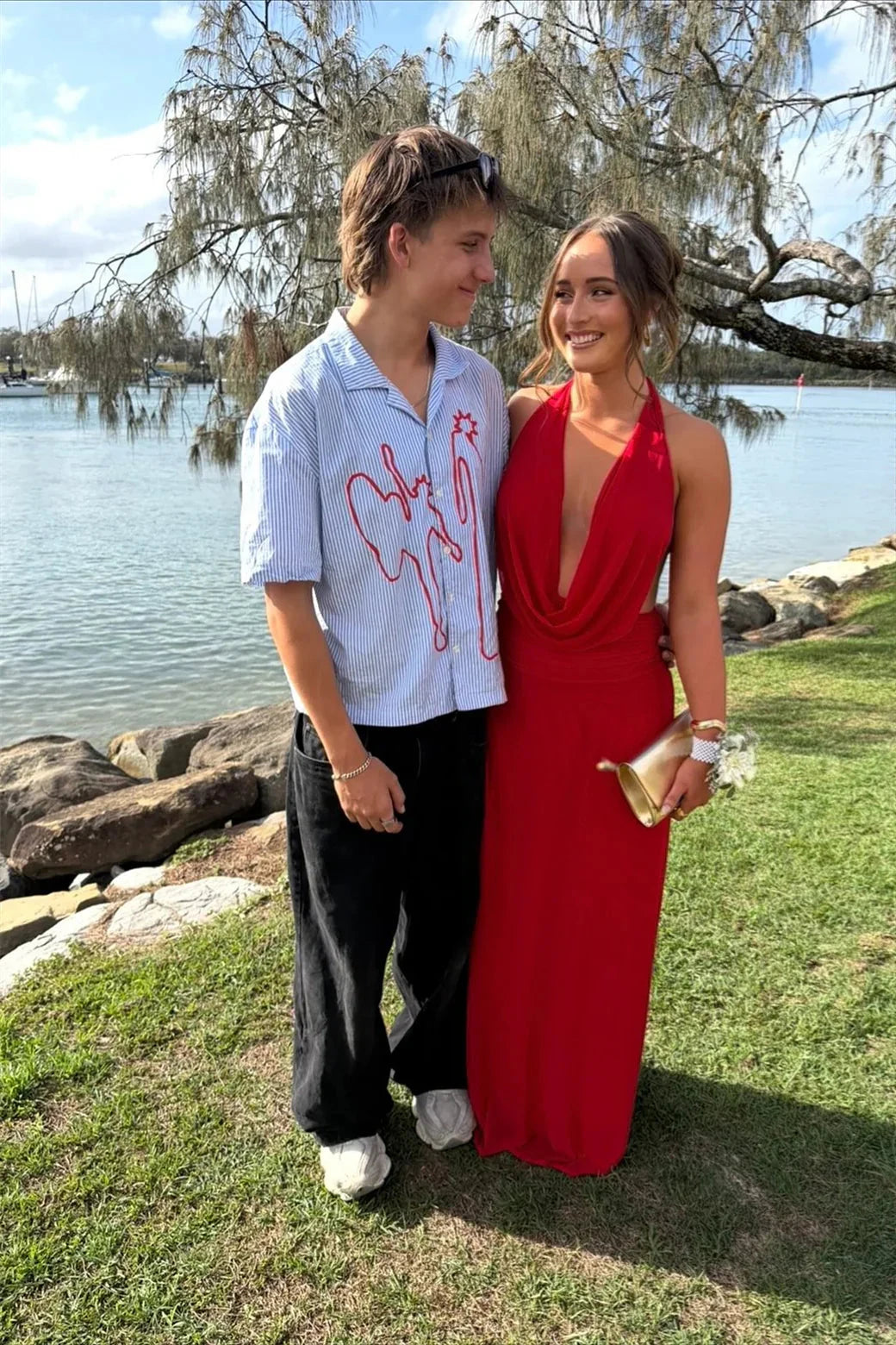 Bold Red Halter Prom Dresses with Cowl Neckline, Ruched Bodice and Floor-Length Jersey Skirt Formal Gown by JiMiss Dresses