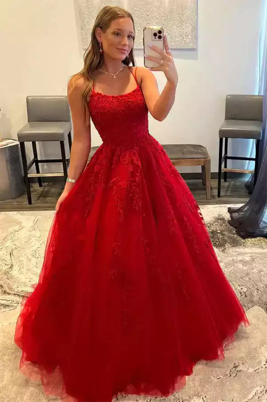 Bold Red Lace Ball Dress with Square Neck & Lace-Up Back