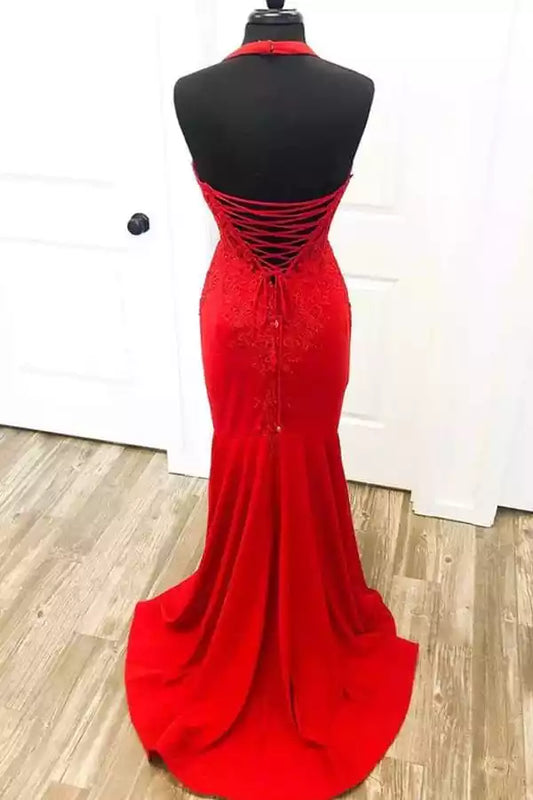 Bold Red Lace & Jersey Mermaid Dress with Halter Neck & Lace-Up Back
