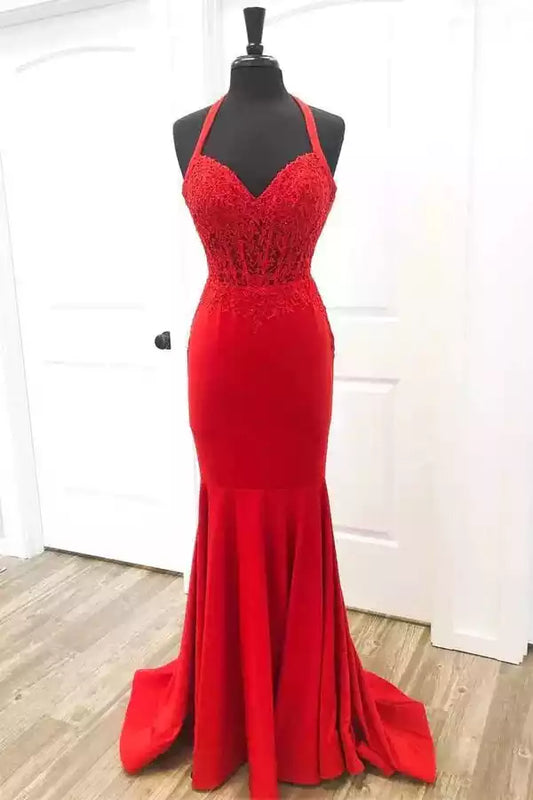 Bold Red Lace & Jersey Mermaid Dress with Halter Neck & Lace-Up Back