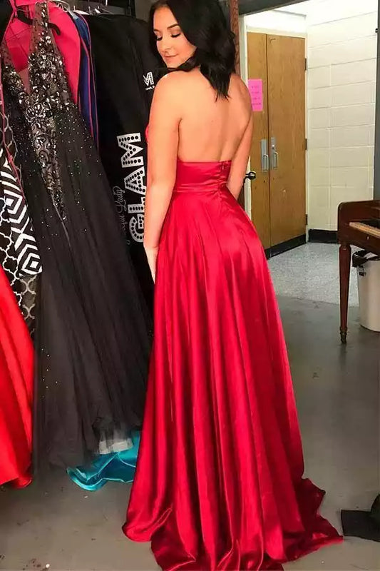 Bold Red Satin A-Line Dress with Halter Neck & Cutout Bodice