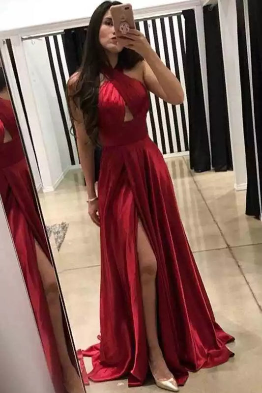 Bold Red Satin A-Line Dress with Halter Neck & Cutout Bodice