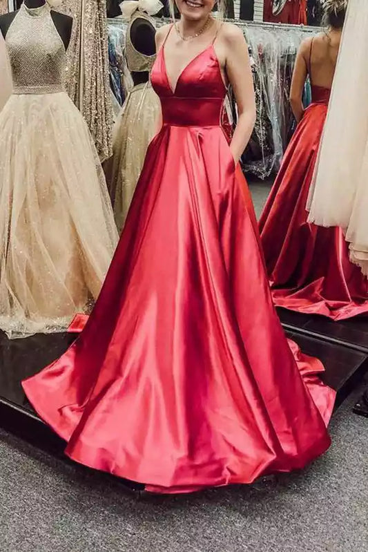 Bold Red Satin A-Line Dress with Plunge V-Neck & Open Back