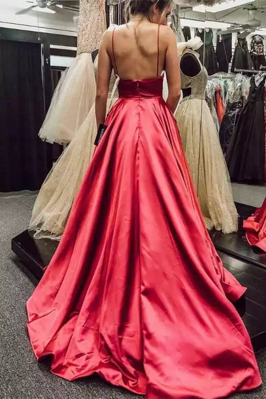Bold Red Satin A-Line Dress with Plunge V-Neck & Open Back