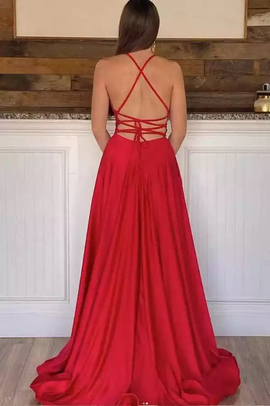 Bold Red Satin A-Line Prom Dress with Halter Neck & Lace-Up Back