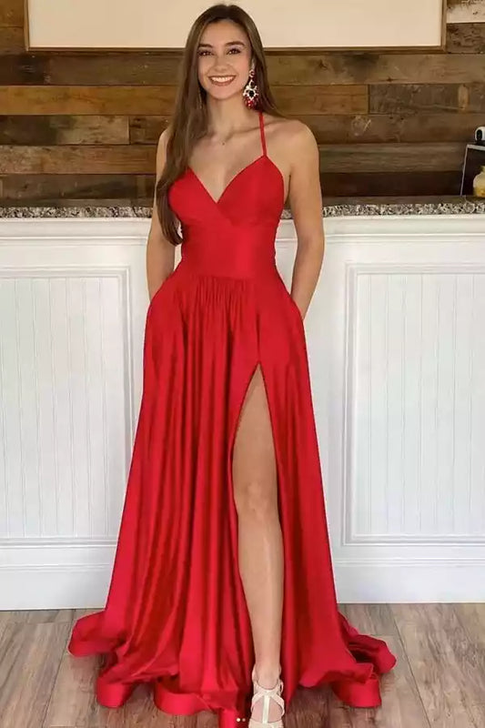 Bold Red Satin A-Line Prom Dress with Halter Neck & Lace-Up Back