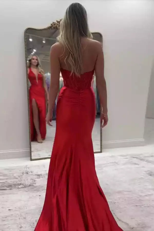 Bold Red Satin Mermaid Dress with Halter Lace Bodice & High Slit
