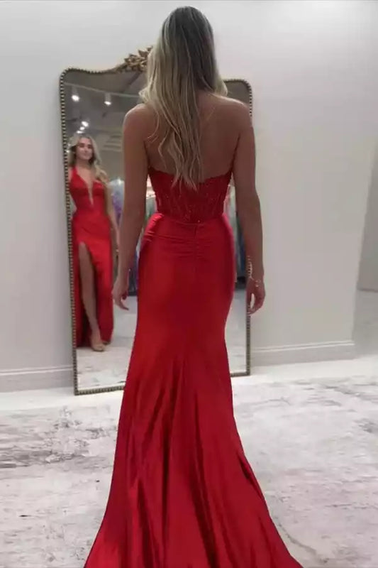 Bold Red Satin Mermaid Dress with Halter Lace Bodice & High Slit
