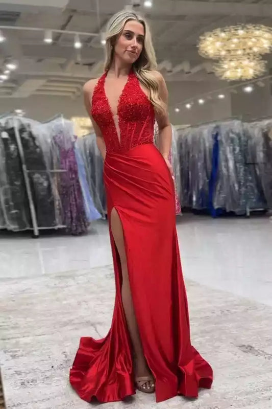 Bold Red Satin Mermaid Dress with Halter Lace Bodice & High Slit
