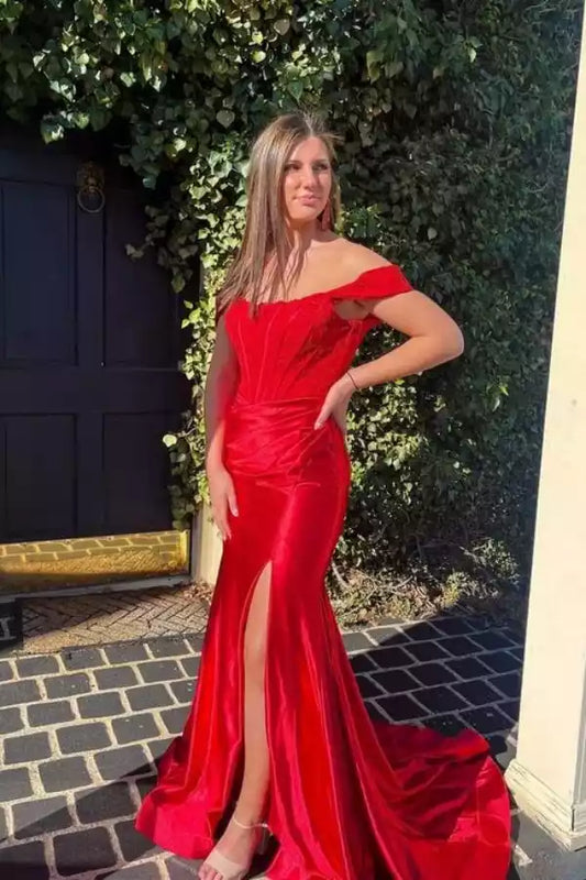 Bold Red Satin Mermaid Dress with Off-the-Shoulder Lace Bodice & High Slit