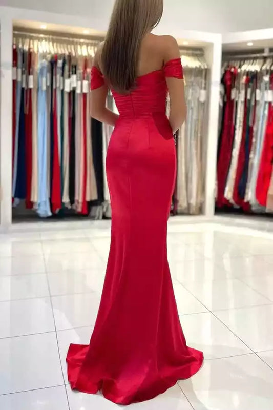 Bold Red Satin Mermaid Dress with Off-the-Shoulder Neck & High Slit