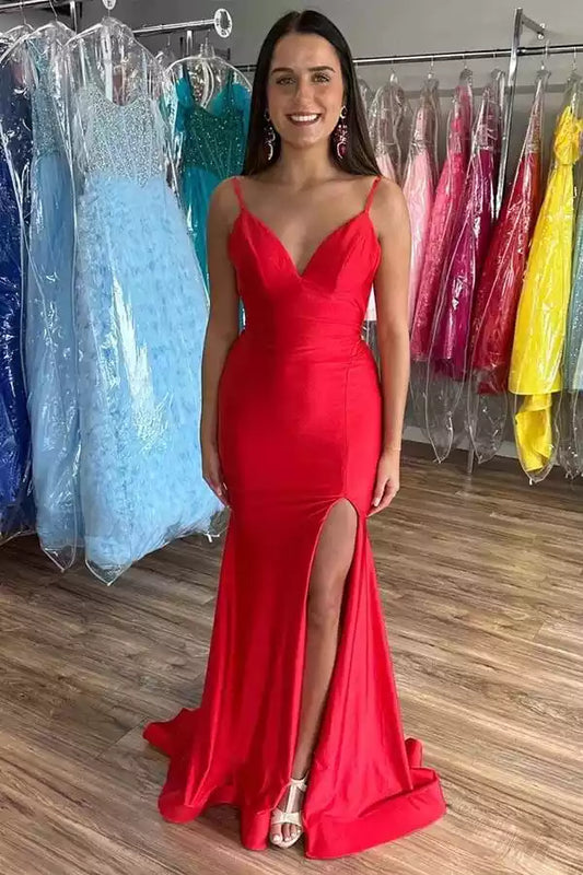 Bold Red Satin Mermaid Dress with Plunge V-Neck & Open Back