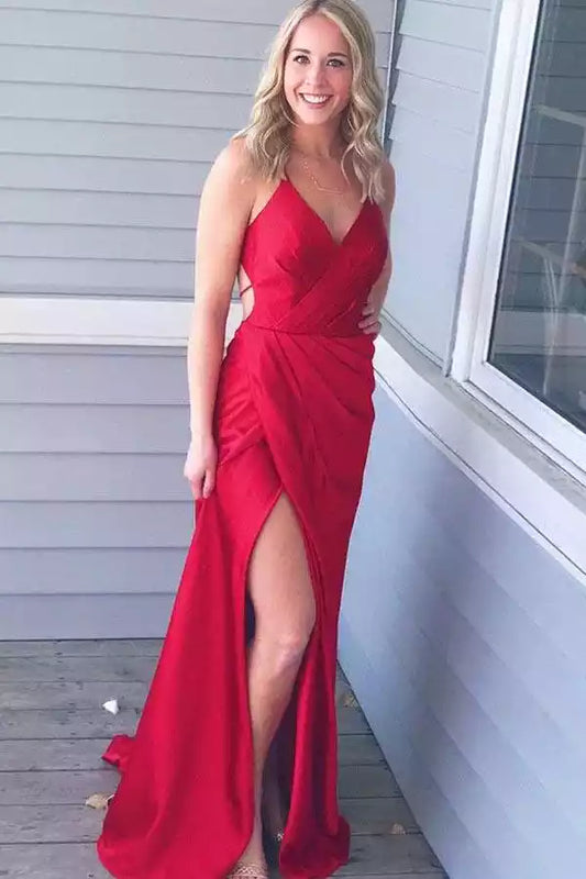 Bold Red Satin Mermaid Dress with Plunge V-Neck & Open Back