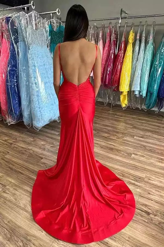 Bold Red Satin Mermaid Dress with Plunge V-Neck & Open Back