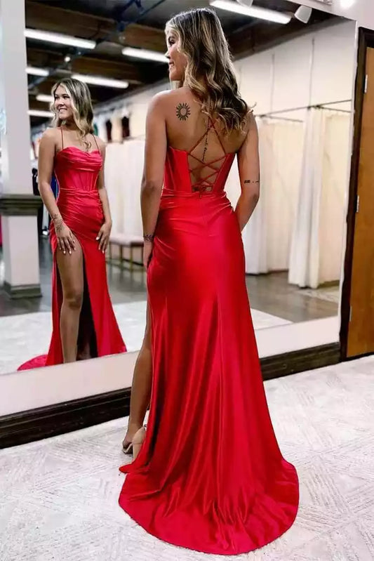 Bold Red Satin Mermaid Prom Dress with Cowl Neck & Lace-Up Back
