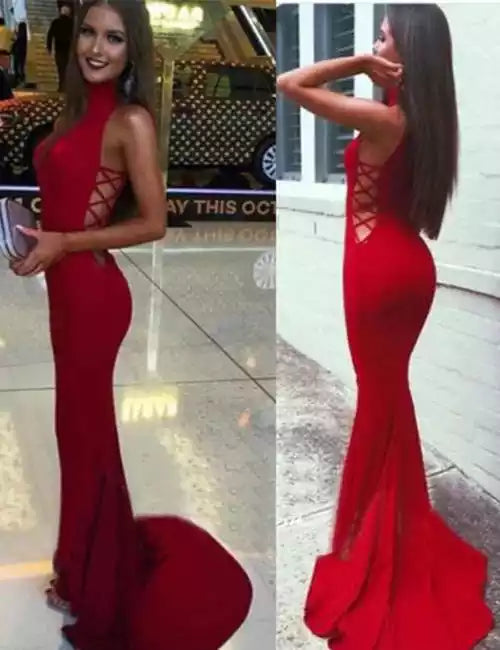 Bold Red Stretch Satin Mermaid Dress with Halter Neck & Lace-Up Side