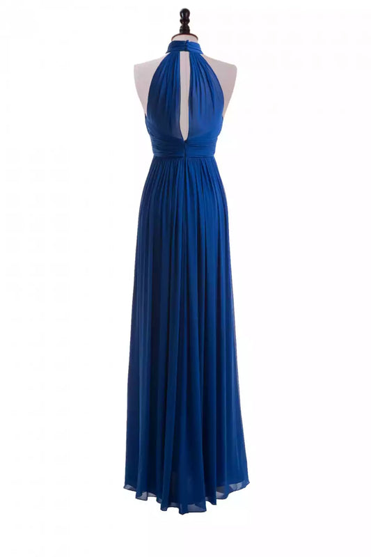 Bold Royal Blue Chiffon Halter A-Line Dress with Ruched Bodice & Keyhole Back