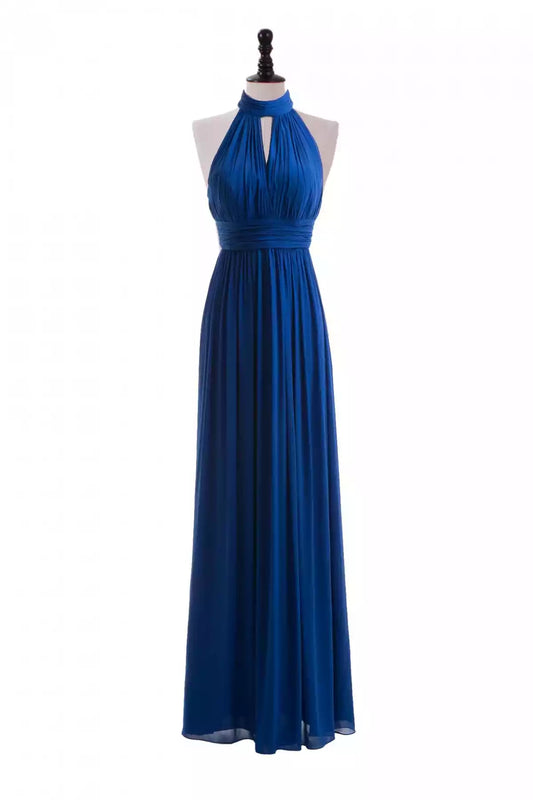 Bold Royal Blue Chiffon Halter A-Line Dress with Ruched Bodice & Keyhole Back