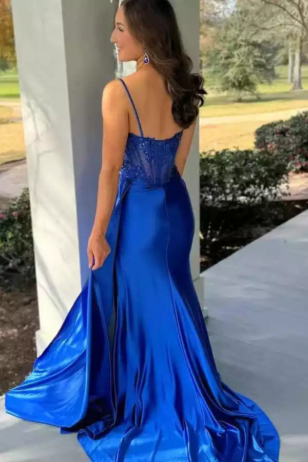 Bold Royal Blue Satin Mermaid Prom Dress with Lace Corset Bodice & High Slit
