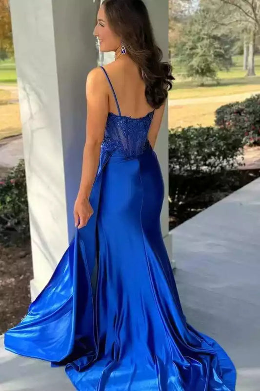 Bold Royal Blue Satin Mermaid Prom Dress with Lace Corset Bodice & High Slit