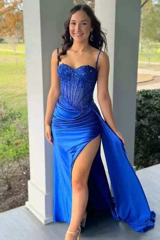 Bold Royal Blue Satin Mermaid Prom Dress with Lace Corset Bodice & High Slit