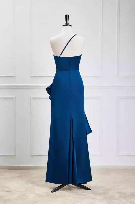 Bold Royal Blue Satin One-Shoulder Mermaid Dress with Ruffle Detail & High Slit