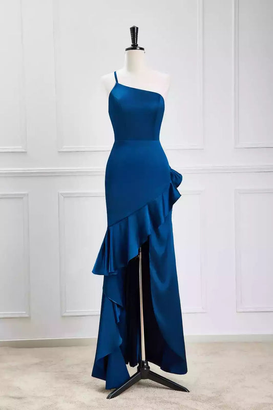 Bold Royal Blue Satin One-Shoulder Mermaid Dress with Ruffle Detail & High Slit