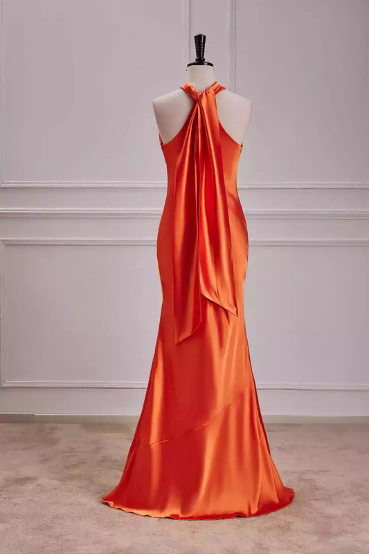 Bold Tangerine Satin Halter Mermaid Dress with Drape Back