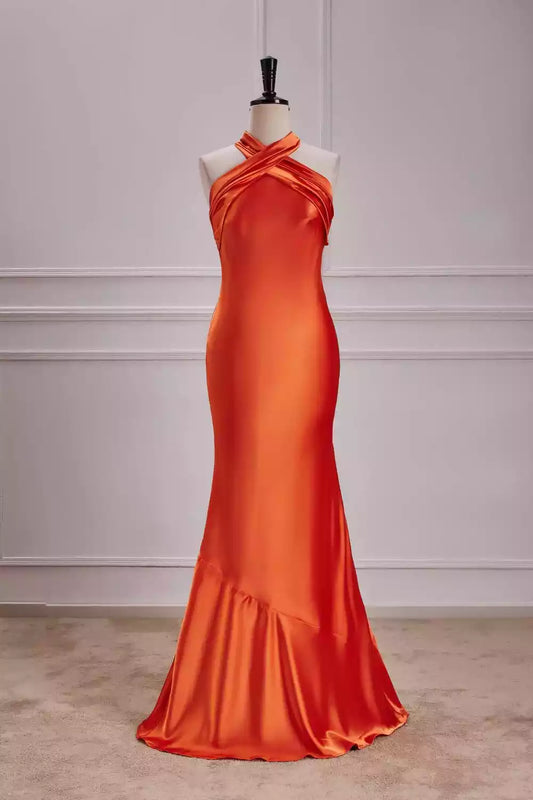Bold Tangerine Satin Halter Mermaid Dress with Drape Back