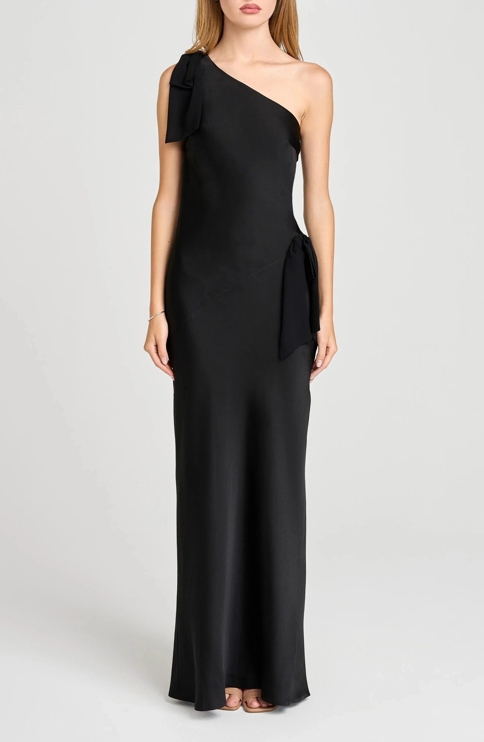 Bow Accented Column One Shoulder Sleeveless Open Back Floor Length For Adults Evening Dress by YiHuiw