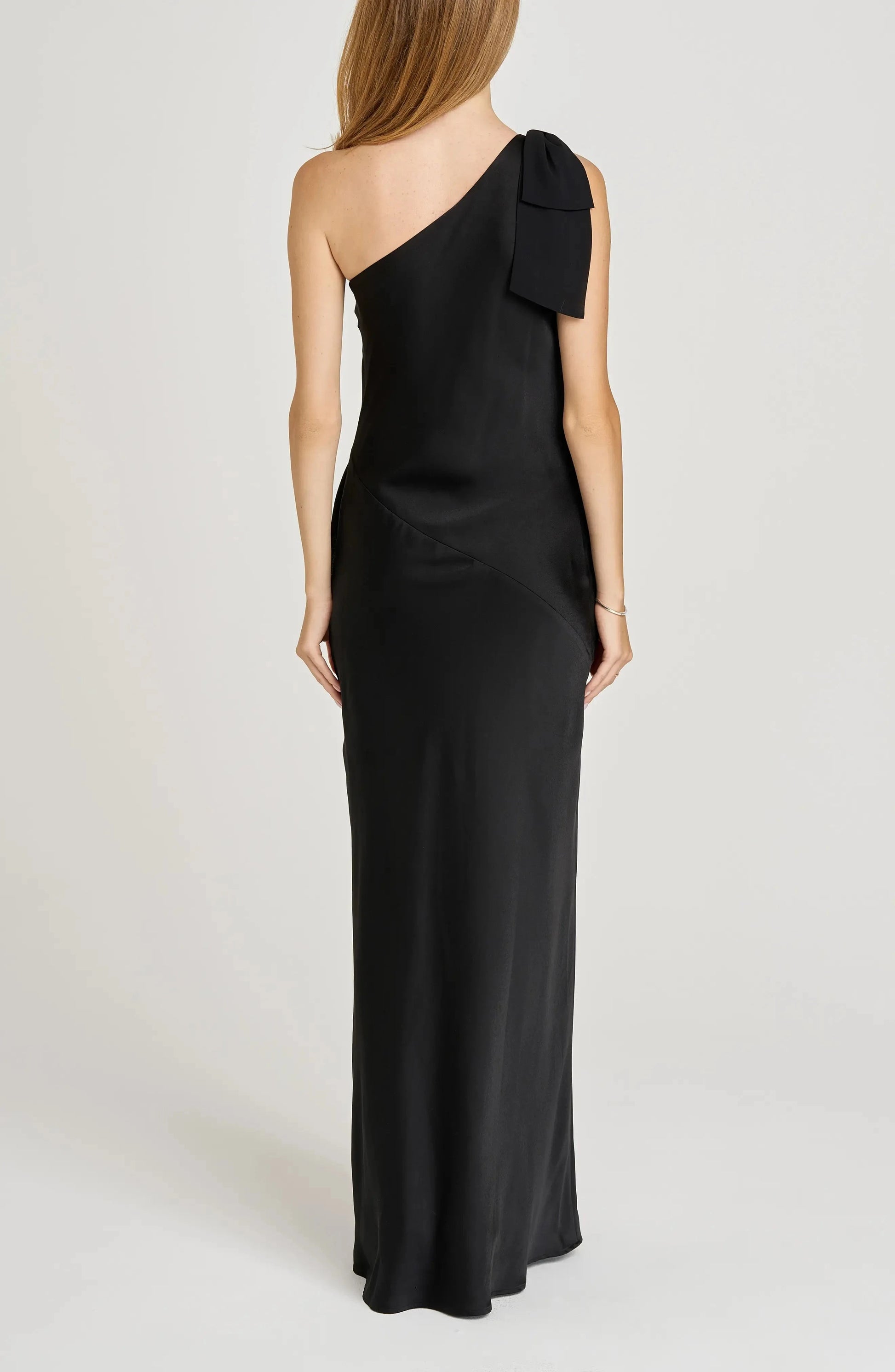 Bow Accented Column One Shoulder Sleeveless Open Back Floor Length For Adults Evening Dress by YiHuiw