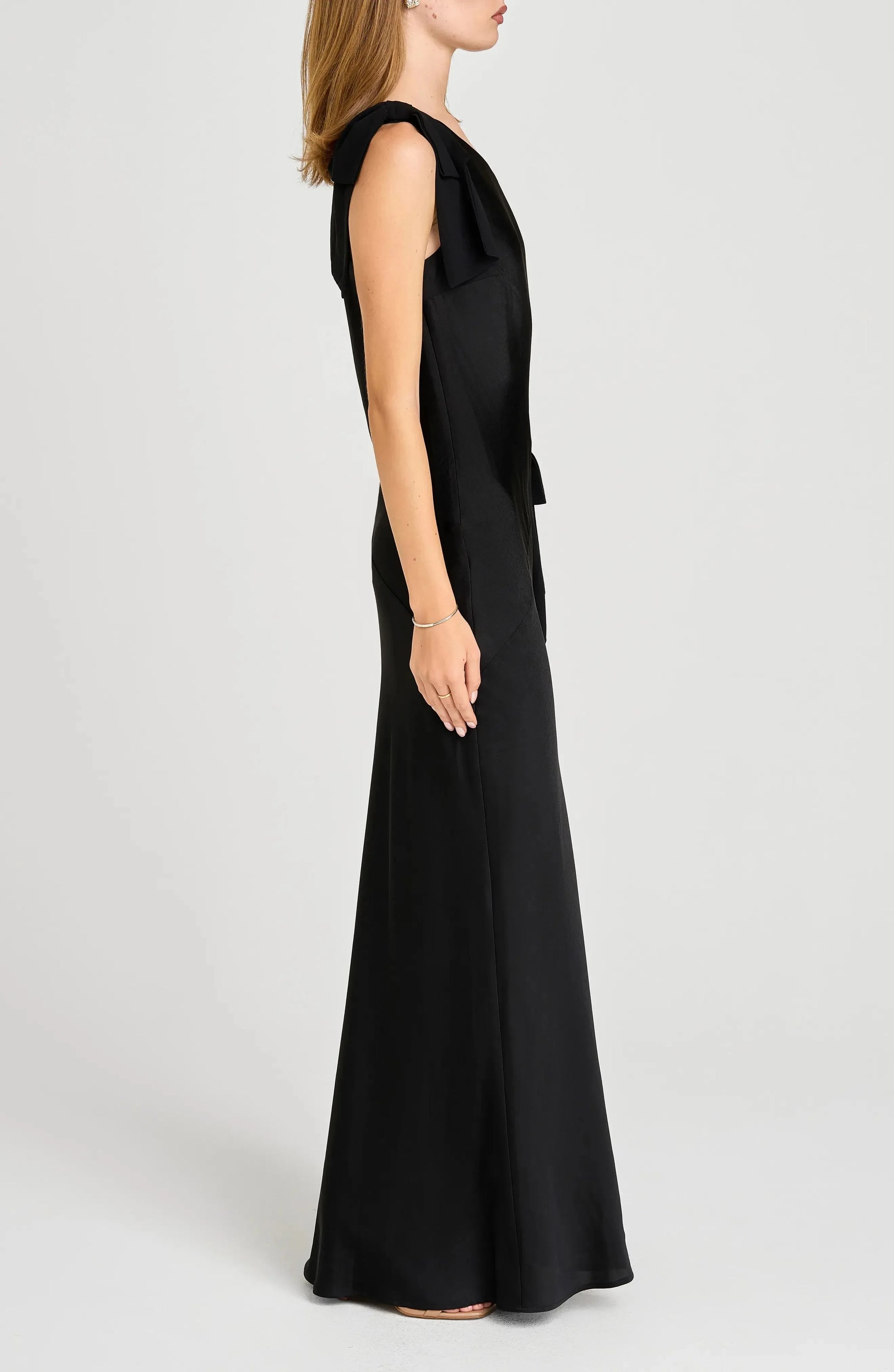 Bow Accented Column One Shoulder Sleeveless Open Back Floor Length For Adults Evening Dress by YiHuiw