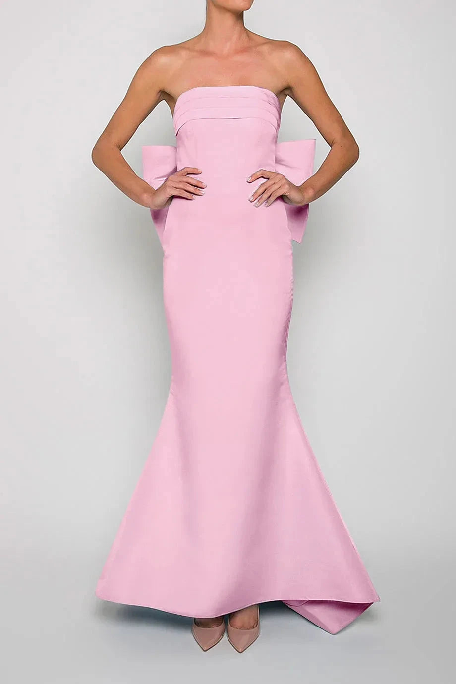 Bow Accented Mermaid Strapless Sleeveless Open Back Floor Length For Women Prom Dress by YiHuiw