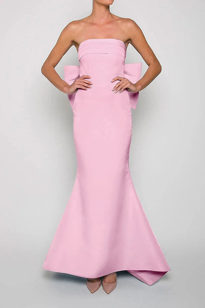 Bow Accented Mermaid Strapless Sleeveless Open Back Floor Length For Women Prom Dress by YiHuiw