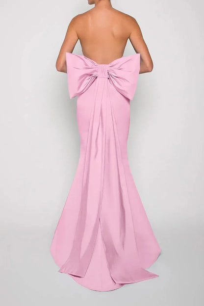 Bow Accented Mermaid Strapless Sleeveless Open Back Floor Length For Women Prom Dress by YiHuiw