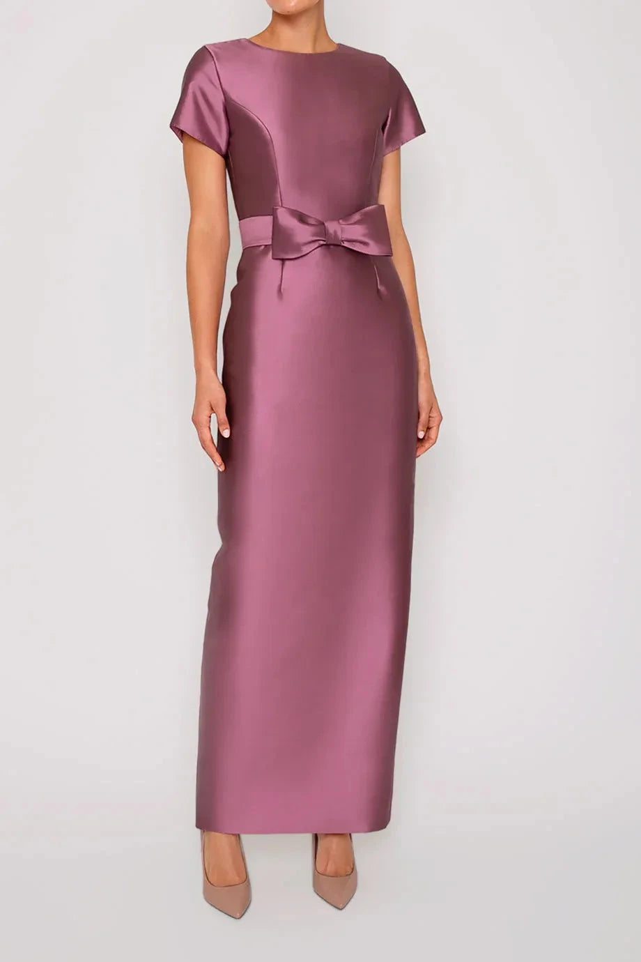 Bow Accented Sheath Crew Neck Short Sleeve Zipper Back High Slit Floor Length Female Evening Dress by YiHuiw