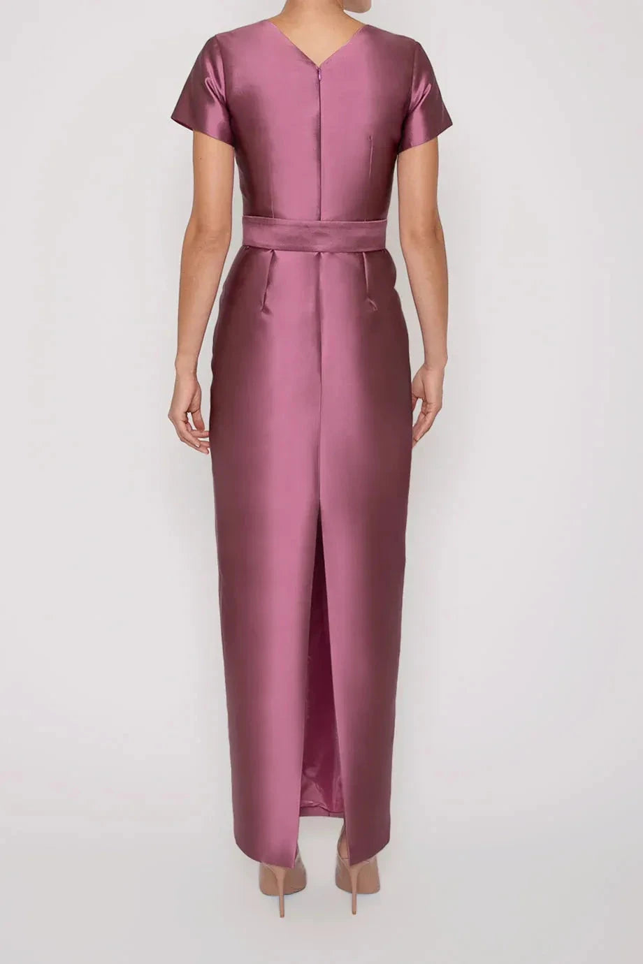 Bow Accented Sheath Crew Neck Short Sleeve Zipper Back High Slit Floor Length Female Evening Dress by YiHuiw