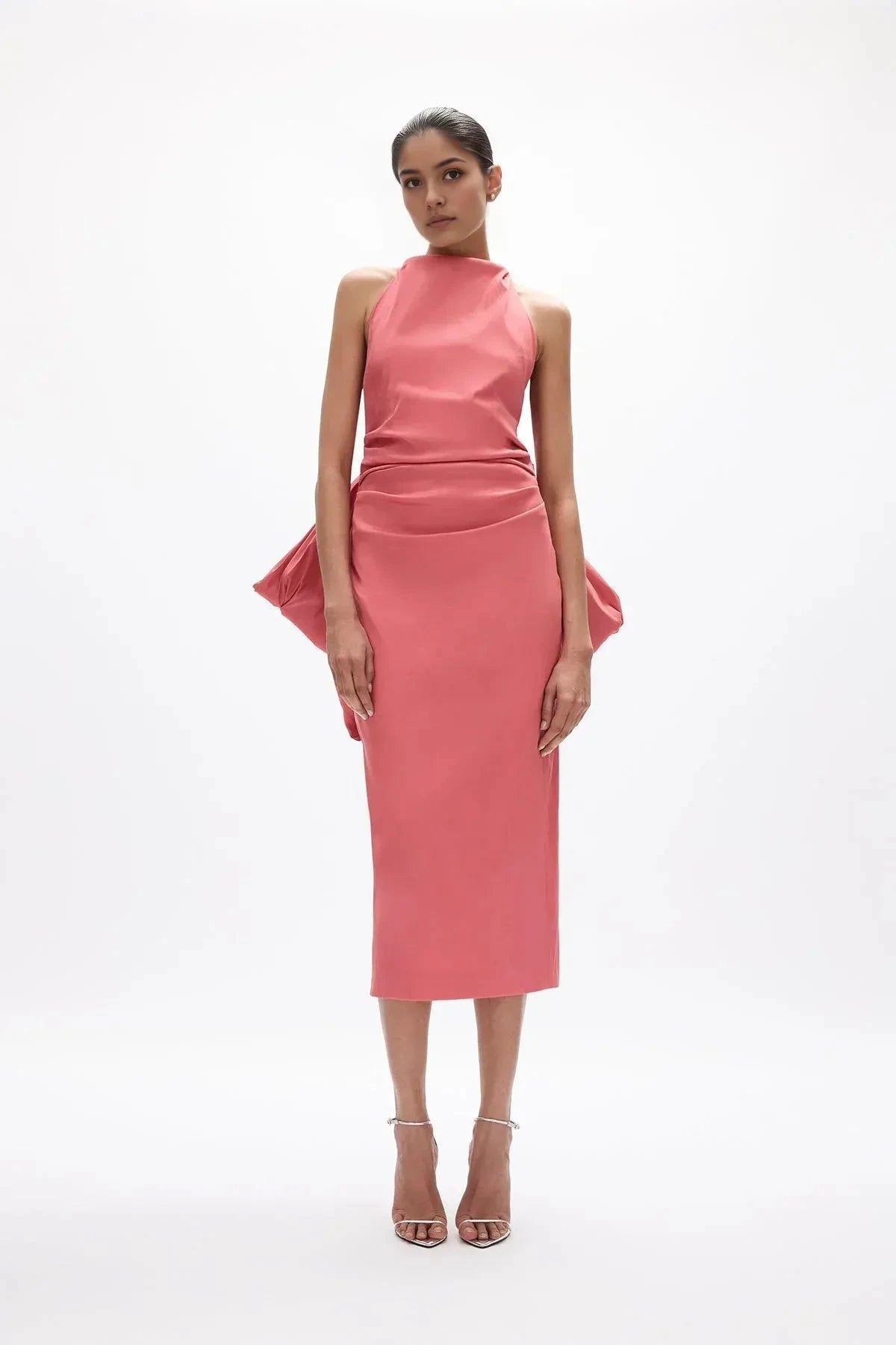 Bow Accented Sheath Halter Sleeveless Open Back Midi Length Hot sale Prom Dress by YiHuiw