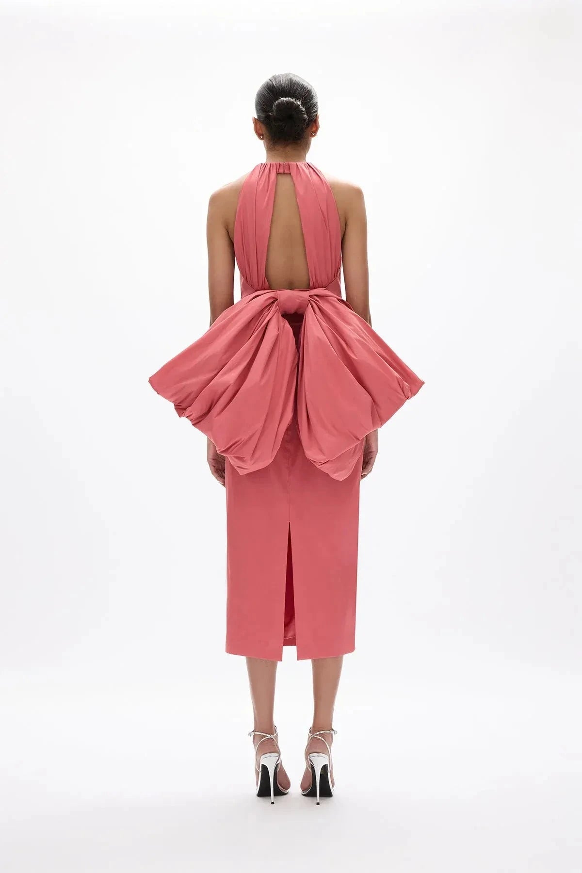 Bow Accented Sheath Halter Sleeveless Open Back Midi Length Hot sale Prom Dress by YiHuiw