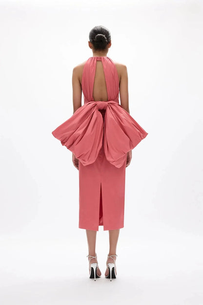 Bow Accented Sheath Halter Sleeveless Open Back Midi Length Hot sale Prom Dress by YiHuiw