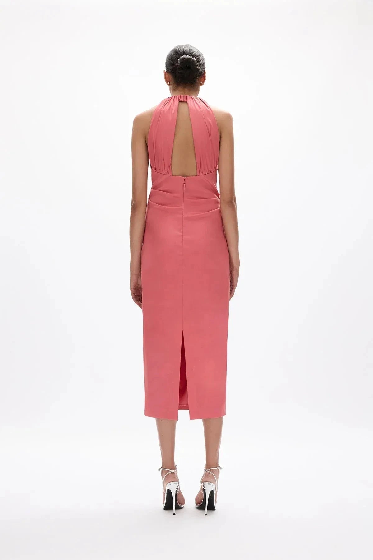 Bow Accented Sheath Halter Sleeveless Open Back Midi Length Hot sale Prom Dress by YiHuiw