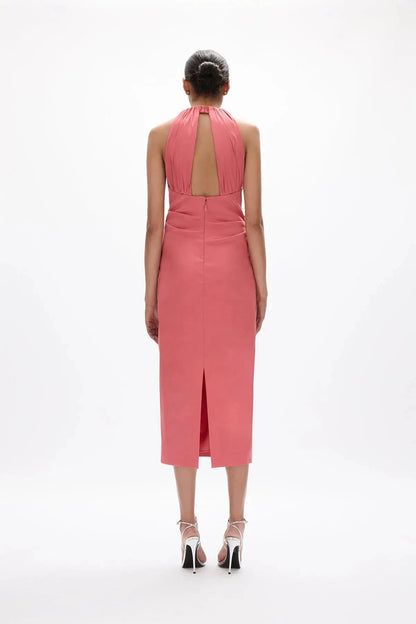 Bow Accented Sheath Halter Sleeveless Open Back Midi Length Hot sale Prom Dress by YiHuiw