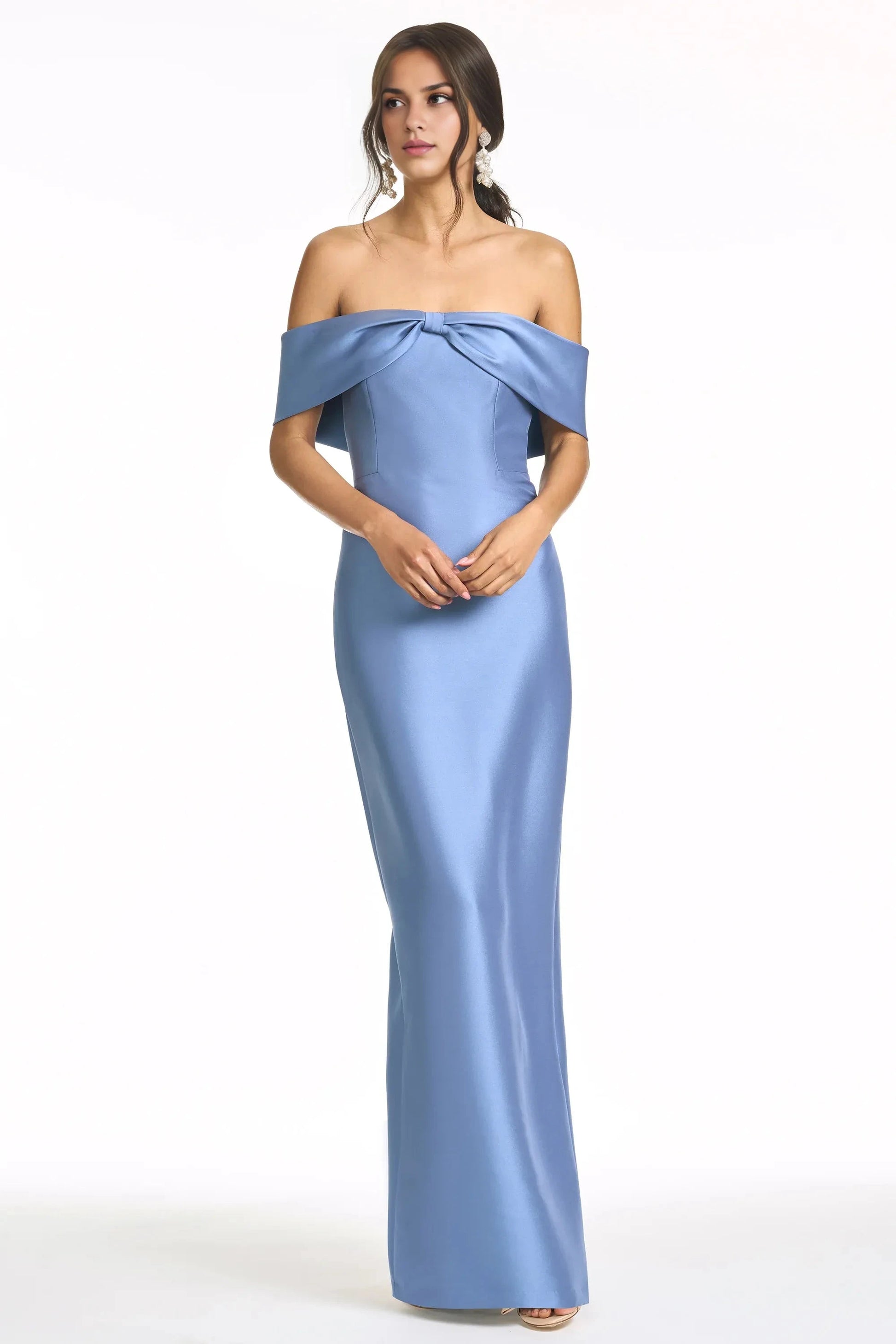 Bow Accented Sheath Off the Shoulder Sleeveless Zipper Back High Slit Floor Length For Women Evening Dress by YiHuiw