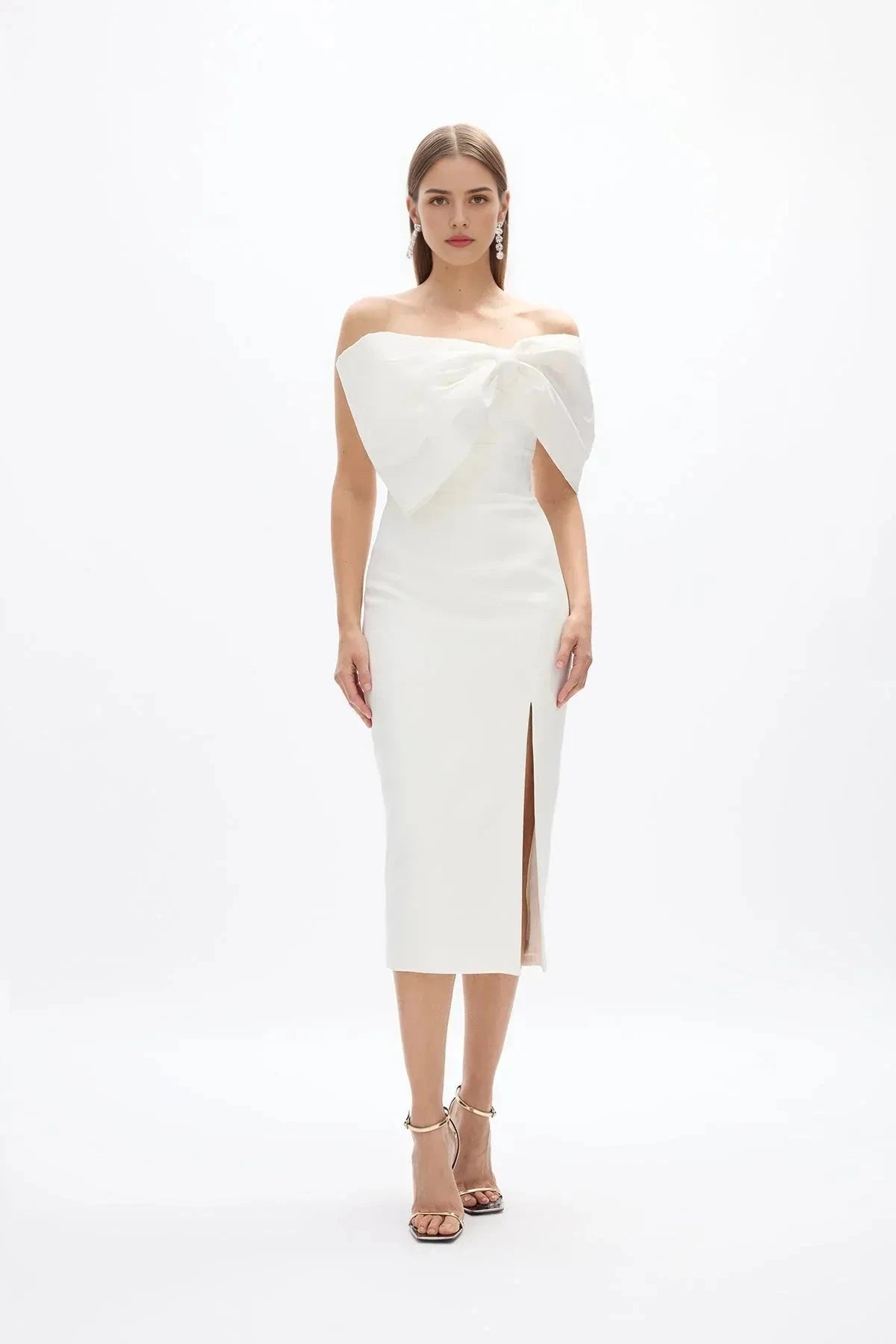 Bow Accented Sheath Off the Shoulder Sleeveless Zipper Back High Slit Midi Length For Sale Prom Dress by YiHuiw