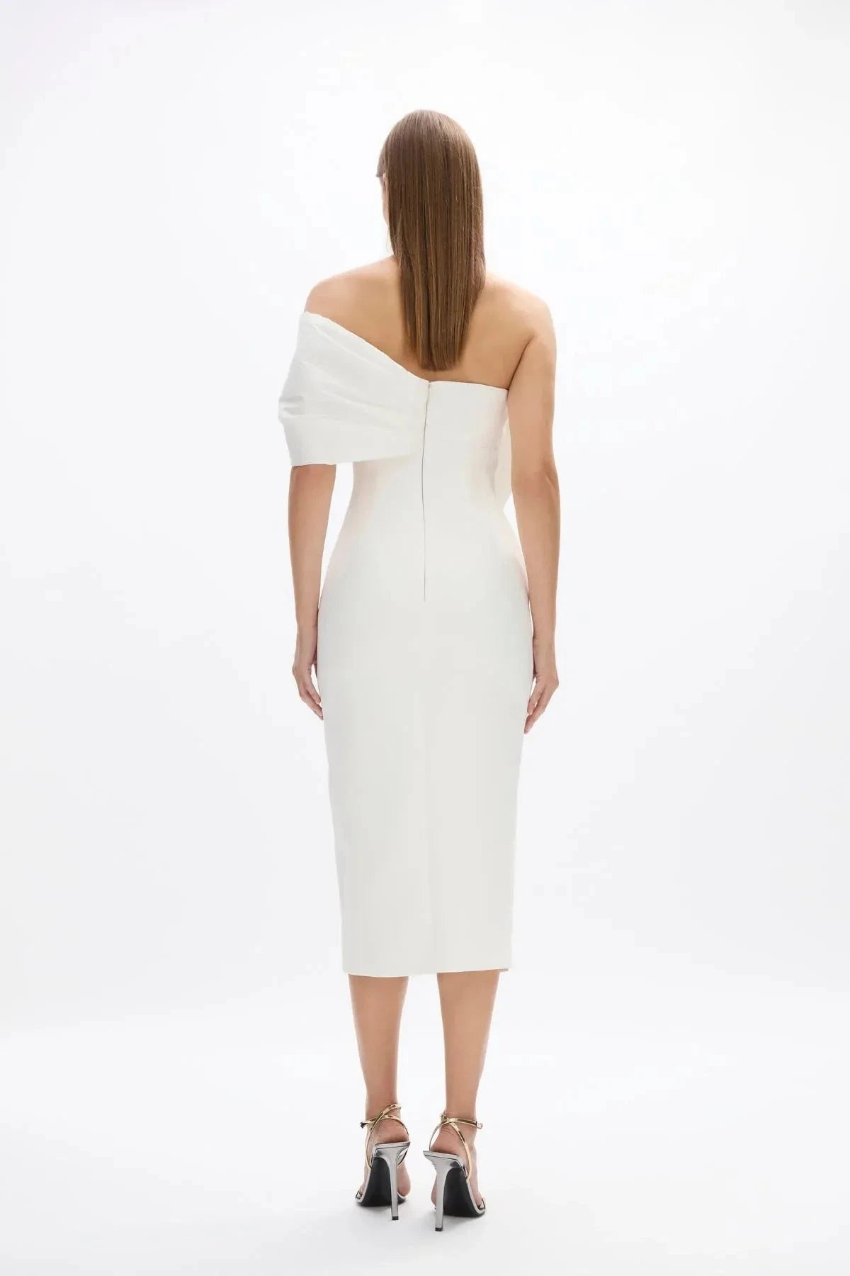 Bow Accented Sheath Off the Shoulder Sleeveless Zipper Back High Slit Midi Length For Sale Prom Dress by YiHuiw