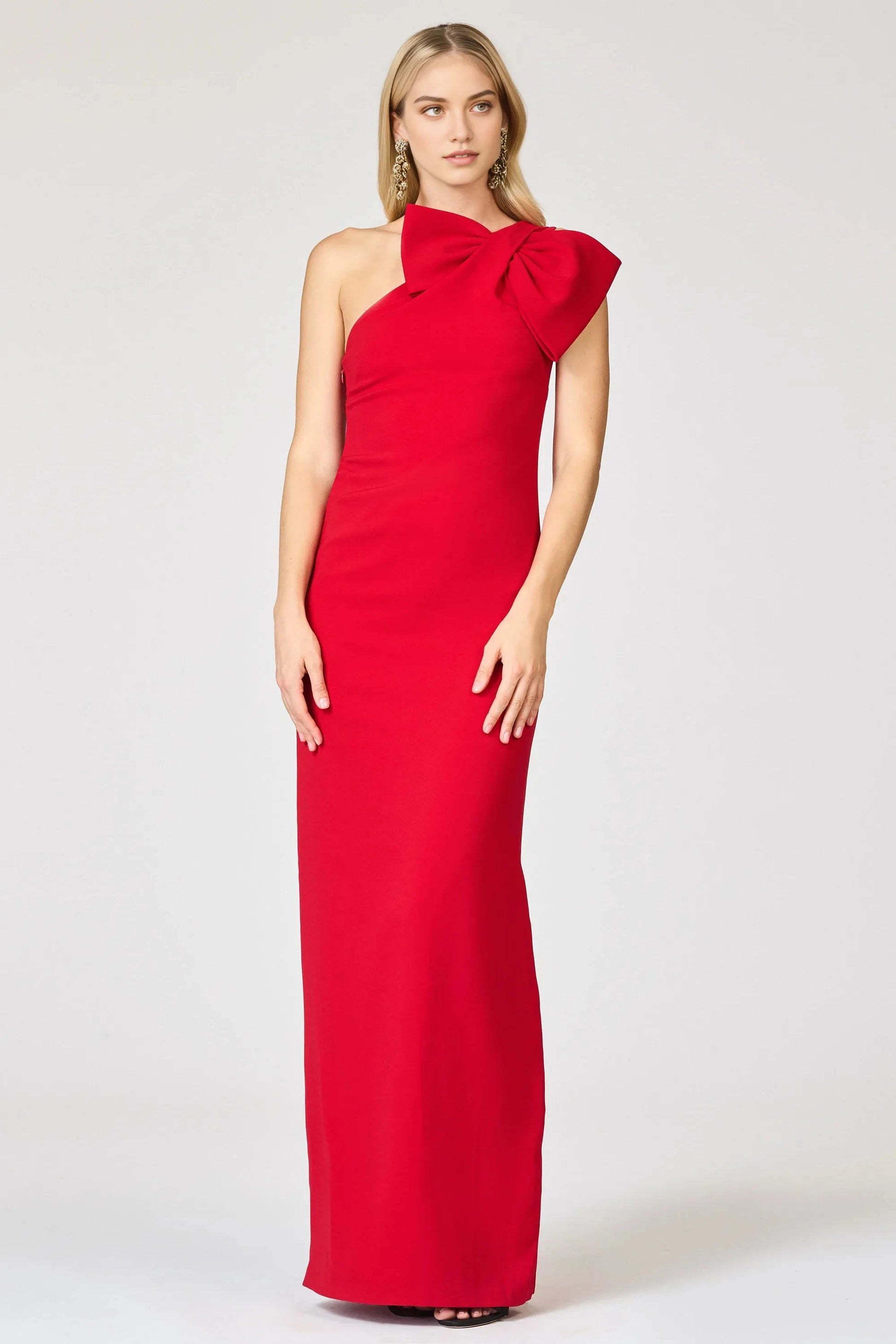 Bow Accented Sheath One Shoulder Sleeveless Zipper Back High Slit Floor Length For Ladies Evening Dress by YiHuiw
