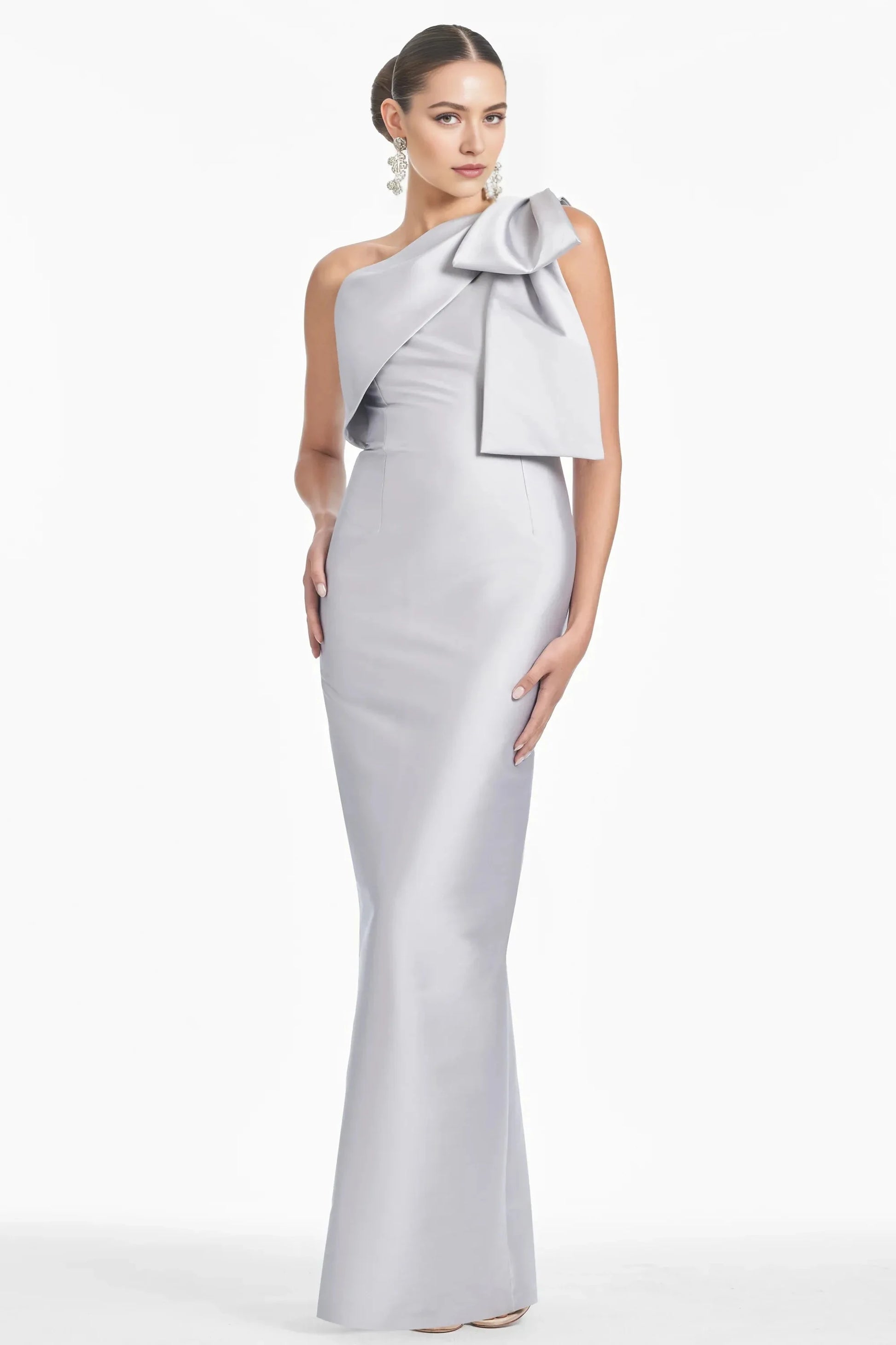 Bow Accented Trumpet One Shoulder Sleeveless Zipper Back High Slit Floor Length For Sale Evening Dress by YiHuiw