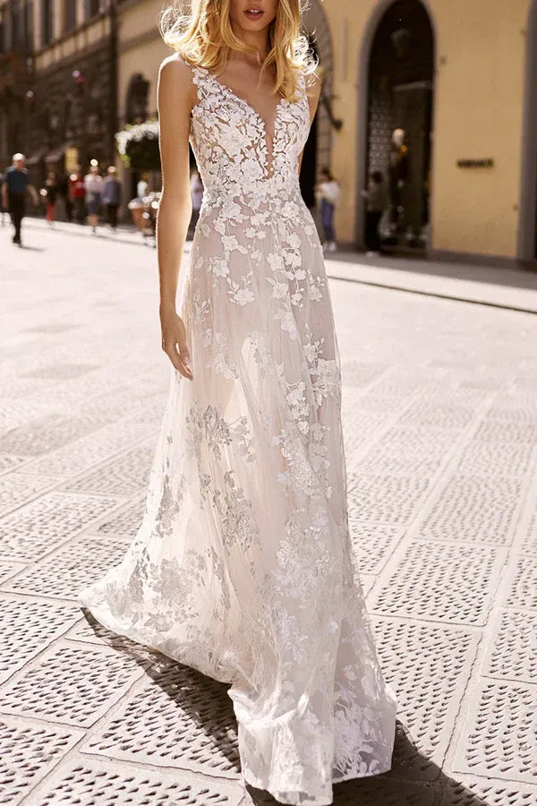 A-Line V-Neck Tulle Floor-Length Wedding Dress - Yihuiw by Yihuiw