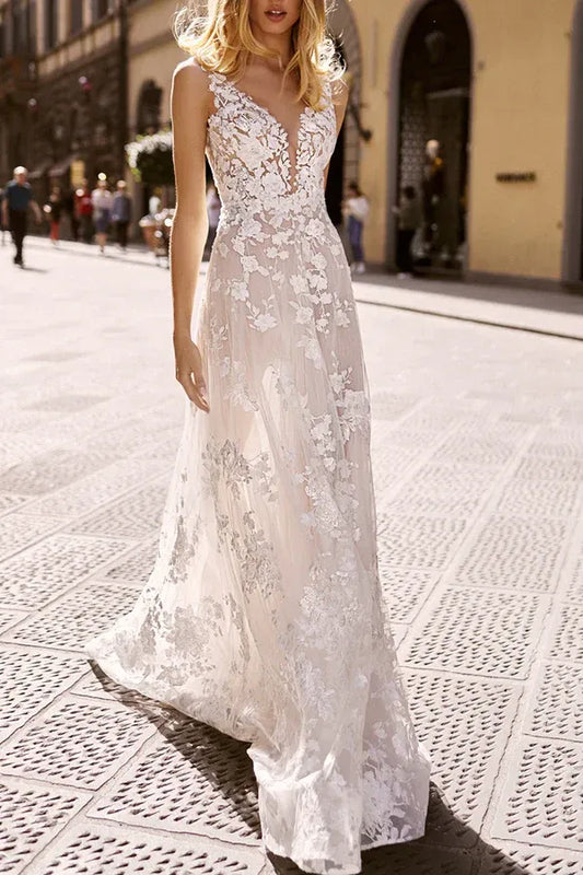 A-Line V-Neck Tulle Floor-Length Wedding Dress - Yihuiw by Yihuiw